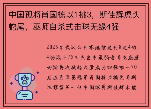 中国孤将肖国栋以1挑3,斯佳辉虎头蛇尾,巫师自杀式击球无缘4强 中国孤将肖国栋以1挑3,斯佳辉虎头蛇尾,巫师自杀式击球无缘4强